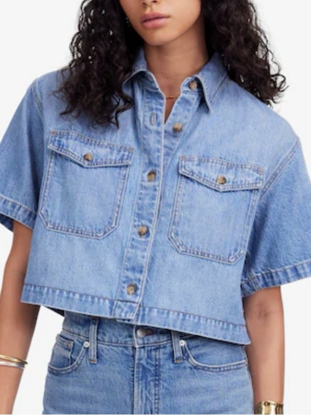 Madewell Boxy Cropped Denim Shirt Short Sleeve Hallstead Wash L Utility